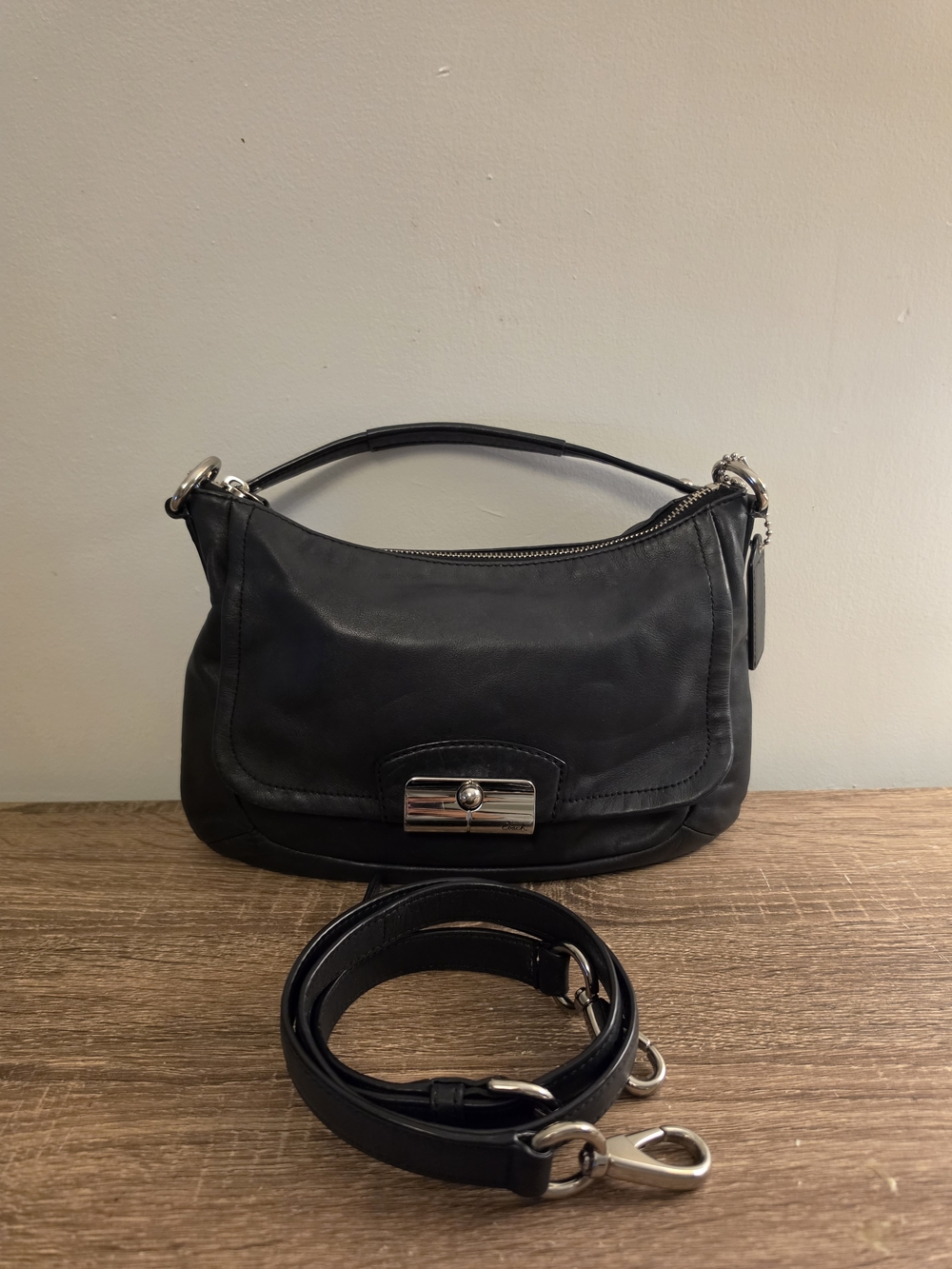 Coach "Kristin" Black Leather Pocket Latch Shoulder/crossbody Bag 11"